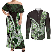 Green Black Aloha Hawaii Couples Matching Off Shoulder Maxi Dress and Long Sleeve Button Shirt Polynesian Shark Tattoo Plumeria LT14 Green - Polynesian Pride