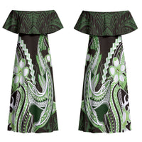 Green Black Aloha Hawaii Couples Matching Off Shoulder Maxi Dress and Long Sleeve Button Shirt Polynesian Shark Tattoo Plumeria LT14 - Polynesian Pride