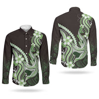 Green Black Aloha Hawaii Couples Matching Off Shoulder Short Dress and Long Sleeve Button Shirt Polynesian Shark Tattoo Plumeria LT14 - Polynesian Pride