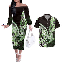 Green Black Aloha Hawaii Couples Matching Off The Shoulder Long Sleeve Dress and Hawaiian Shirt Polynesian Shark Tattoo Plumeria LT14 Green - Polynesian Pride