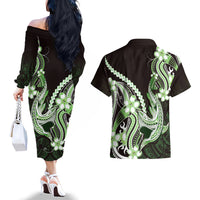 Green Black Aloha Hawaii Couples Matching Off The Shoulder Long Sleeve Dress and Hawaiian Shirt Polynesian Shark Tattoo Plumeria LT14 - Polynesian Pride