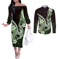 Green Black Aloha Hawaii Couples Matching Off The Shoulder Long Sleeve Dress and Long Sleeve Button Shirt Polynesian Shark Tattoo Plumeria LT14 Green - Polynesian Pride