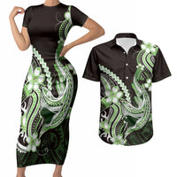Green Black Aloha Hawaii Couples Matching Short Sleeve Bodycon Dress and Hawaiian Shirt Polynesian Shark Tattoo Plumeria LT14 Green - Polynesian Pride