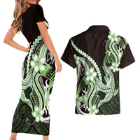 Green Black Aloha Hawaii Couples Matching Short Sleeve Bodycon Dress and Hawaiian Shirt Polynesian Shark Tattoo Plumeria LT14 - Polynesian Pride