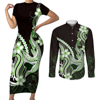 Green Black Aloha Hawaii Couples Matching Short Sleeve Bodycon Dress and Long Sleeve Button Shirt Polynesian Shark Tattoo Plumeria