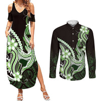 Green Black Aloha Hawaii Couples Matching Summer Maxi Dress and Long Sleeve Button Shirt Polynesian Shark Tattoo Plumeria