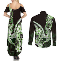 Green Black Aloha Hawaii Couples Matching Summer Maxi Dress and Long Sleeve Button Shirt Polynesian Shark Tattoo Plumeria LT14 - Polynesian Pride