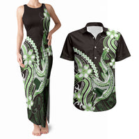Green Black Aloha Hawaii Couples Matching Tank Maxi Dress and Hawaiian Shirt Polynesian Shark Tattoo Plumeria LT14 Green - Polynesian Pride