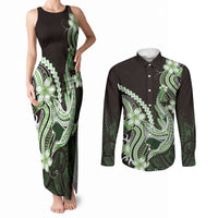 Green Black Aloha Hawaii Couples Matching Tank Maxi Dress and Long Sleeve Button Shirt Polynesian Shark Tattoo Plumeria LT14 Green - Polynesian Pride
