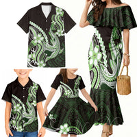 Green Black Aloha Hawaii Family Matching Mermaid Dress and Hawaiian Shirt Polynesian Shark Tattoo Plumeria LT14 - Polynesian Pride