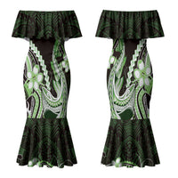 Green Black Aloha Hawaii Family Matching Mermaid Dress and Hawaiian Shirt Polynesian Shark Tattoo Plumeria LT14 Mom's Dress Green - Polynesian Pride