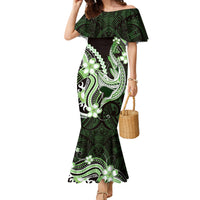 Green Black Aloha Hawaii Family Matching Mermaid Dress and Hawaiian Shirt Polynesian Shark Tattoo Plumeria
