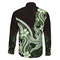 Green Black Aloha Hawaii Family Matching Summer Maxi Dress and Hawaiian Shirt Polynesian Shark Tattoo Plumeria LT14 Son's Shirt Green - Polynesian Pride