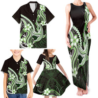 Green Black Aloha Hawaii Family Matching Tank Maxi Dress and Hawaiian Shirt Polynesian Shark Tattoo Plumeria
