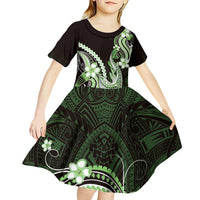 Green Black Aloha Hawaii Kid Short Sleeve Dress Polynesian Shark Tattoo Plumeria