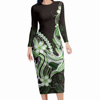 Green Black Aloha Hawaii Long Sleeve Bodycon Dress Polynesian Shark Tattoo Plumeria LT14 Long Dress Green - Polynesian Pride