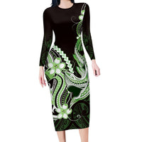 Green Black Aloha Hawaii Long Sleeve Bodycon Dress Polynesian Shark Tattoo Plumeria