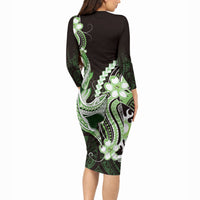 Green Black Aloha Hawaii Long Sleeve Bodycon Dress Polynesian Shark Tattoo Plumeria LT14 - Polynesian Pride