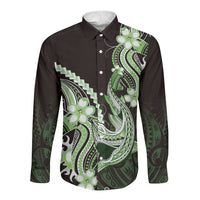 Green Black Aloha Hawaii Long Sleeve Button Shirt Polynesian Shark Tattoo Plumeria LT14 Unisex Green - Polynesian Pride