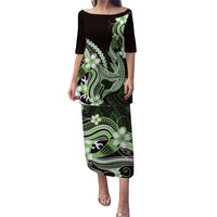 Green Black Aloha Hawaii Puletasi Polynesian Shark Tattoo Plumeria LT14 Long Dress Green - Polynesian Pride