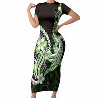 Green Black Aloha Hawaii Short Sleeve Bodycon Dress Polynesian Shark Tattoo Plumeria LT14 Long Dress Green - Polynesian Pride