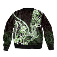 Green Black Aloha Hawaii Sleeve Zip Bomber Jacket Polynesian Shark Tattoo Plumeria