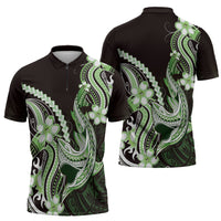 Green Black Aloha Hawaii Zipper Polo Shirt Polynesian Shark Tattoo Plumeria LT14 - Polynesian Pride