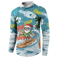 Hawaii Summer Christmas Button Sweatshirt Surfing Santa Shaka Catch The Wave