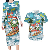 Hawaii Summer Christmas Couples Matching Long Sleeve Bodycon Dress and Hawaiian Shirt Surfing Santa Shaka Catch The Wave LT14 Teal - Polynesian Pride