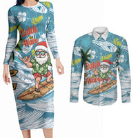 Hawaii Summer Christmas Couples Matching Long Sleeve Bodycon Dress and Long Sleeve Button Shirt Surfing Santa Shaka Catch The Wave LT14 Teal - Polynesian Pride