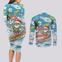 Hawaii Summer Christmas Couples Matching Long Sleeve Bodycon Dress and Long Sleeve Button Shirt Surfing Santa Shaka Catch The Wave LT14 - Polynesian Pride