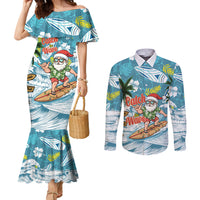 Hawaii Summer Christmas Couples Matching Mermaid Dress and Long Sleeve Button Shirt Surfing Santa Shaka Catch The Wave LT14 Teal - Polynesian Pride