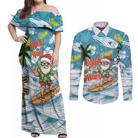 Hawaii Summer Christmas Couples Matching Off Shoulder Maxi Dress and Long Sleeve Button Shirt Surfing Santa Shaka Catch The Wave LT14 Teal - Polynesian Pride