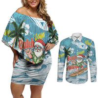 Hawaii Summer Christmas Couples Matching Off Shoulder Short Dress and Long Sleeve Button Shirt Surfing Santa Shaka Catch The Wave LT14 Teal - Polynesian Pride