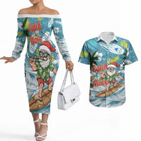 Hawaii Summer Christmas Couples Matching Off The Shoulder Long Sleeve Dress and Hawaiian Shirt Surfing Santa Shaka Catch The Wave LT14 Teal - Polynesian Pride