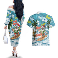 Hawaii Summer Christmas Couples Matching Off The Shoulder Long Sleeve Dress and Hawaiian Shirt Surfing Santa Shaka Catch The Wave LT14 - Polynesian Pride