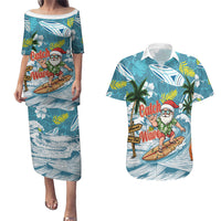 Hawaii Summer Christmas Couples Matching Puletasi and Hawaiian Shirt Surfing Santa Shaka Catch The Wave LT14 Teal - Polynesian Pride