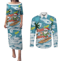 Hawaii Summer Christmas Couples Matching Puletasi and Long Sleeve Button Shirt Surfing Santa Shaka Catch The Wave LT14 Teal - Polynesian Pride