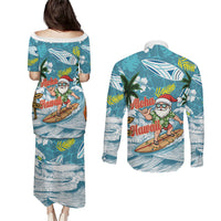 Hawaii Summer Christmas Couples Matching Puletasi and Long Sleeve Button Shirt Surfing Santa Shaka Catch The Wave LT14 - Polynesian Pride