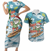 Hawaii Summer Christmas Couples Matching Short Sleeve Bodycon Dress and Hawaiian Shirt Surfing Santa Shaka Catch The Wave LT14 Teal - Polynesian Pride
