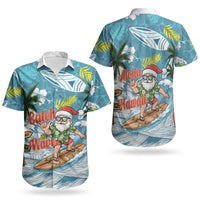 Hawaii Summer Christmas Couples Matching Short Sleeve Bodycon Dress and Hawaiian Shirt Surfing Santa Shaka Catch The Wave LT14 - Polynesian Pride