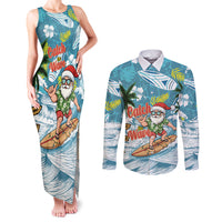 Hawaii Summer Christmas Couples Matching Tank Maxi Dress and Long Sleeve Button Shirt Surfing Santa Shaka Catch The Wave LT14 Teal - Polynesian Pride