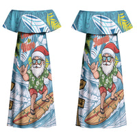 Hawaii Summer Christmas Family Matching Off Shoulder Maxi Dress and Hawaiian Shirt Surfing Santa Shaka Catch The Wave LT14 Mom's Dress Teal - Polynesian Pride