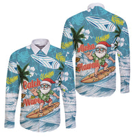 Hawaii Summer Christmas Family Matching Off Shoulder Maxi Dress and Hawaiian Shirt Surfing Santa Shaka Catch The Wave LT14 Dad's Shirt - Long Sleeve Teal - Polynesian Pride