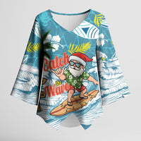 Hawaii Summer Christmas Kimono Sleeve Blouse Surfing Santa Shaka Catch The Wave