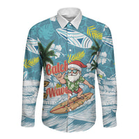 Hawaii Summer Christmas Long Sleeve Button Shirt Surfing Santa Shaka Catch The Wave LT14 Unisex Teal - Polynesian Pride