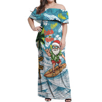 Hawaii Summer Christmas Off Shoulder Maxi Dress Surfing Santa Shaka Catch The Wave LT14 Women Teal - Polynesian Pride