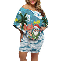 Hawaii Summer Christmas Off Shoulder Short Dress Surfing Santa Shaka Catch The Wave LT14 Women Teal - Polynesian Pride