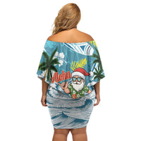 Hawaii Summer Christmas Off Shoulder Short Dress Surfing Santa Shaka Catch The Wave LT14 - Polynesian Pride