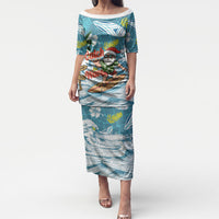 Hawaii Summer Christmas Puletasi Surfing Santa Shaka Catch The Wave LT14 Long Dress Teal - Polynesian Pride